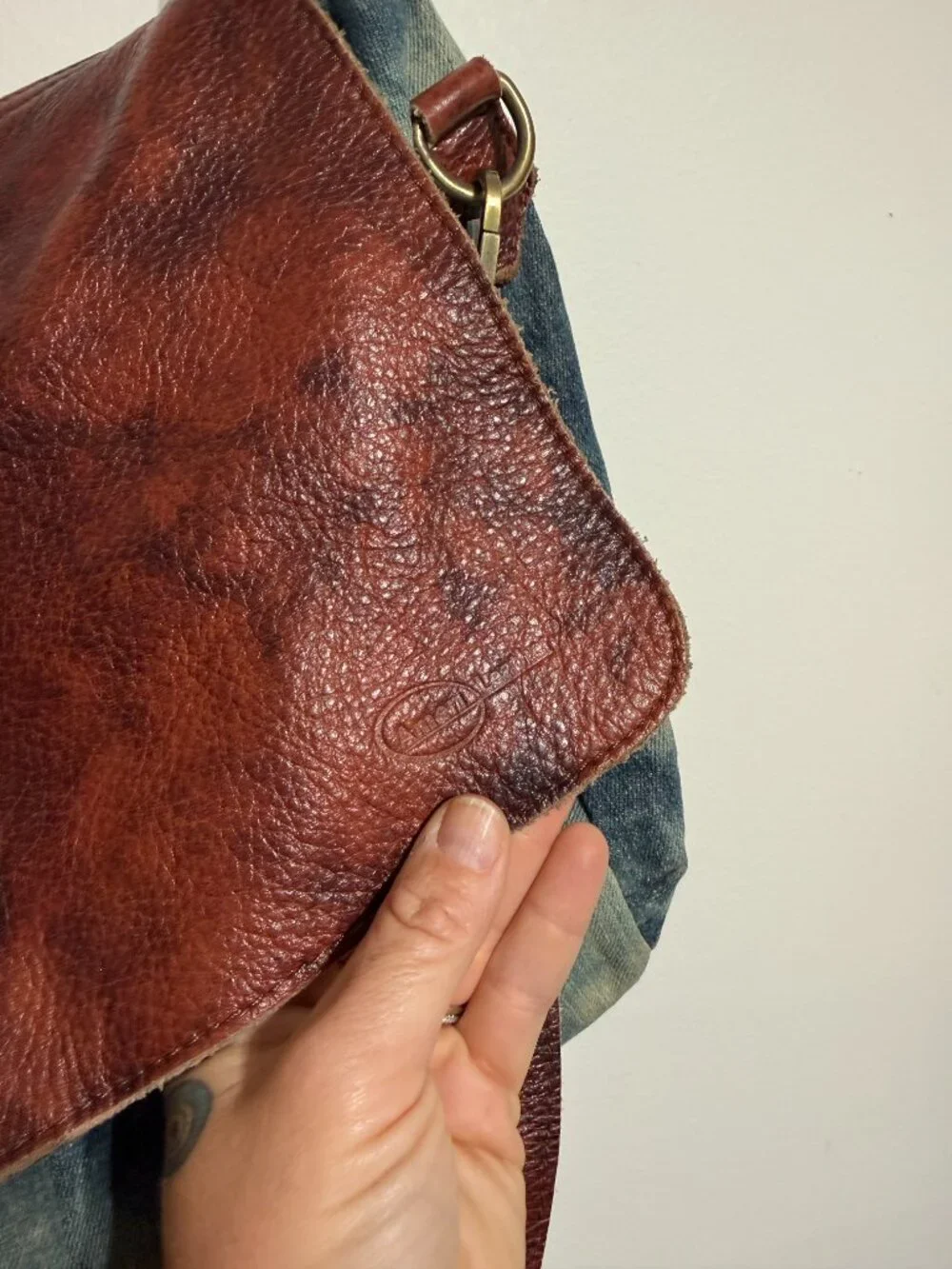 Unique Distressed Denim and Rich Leather Messenger Bag